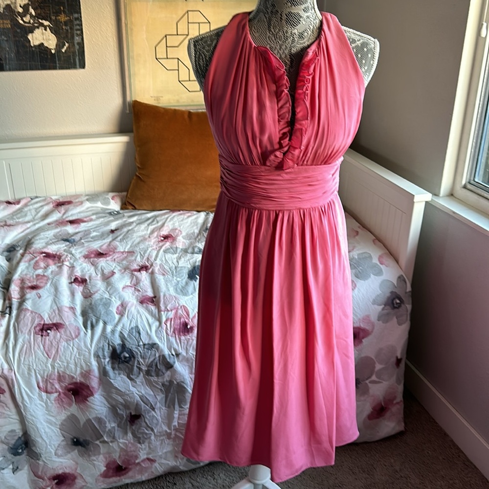 Kay Unger Pink Silk Ruffle Ruched Cocktail Dress, Deep V-Neck & Back Opening - Picture 11 of 11
